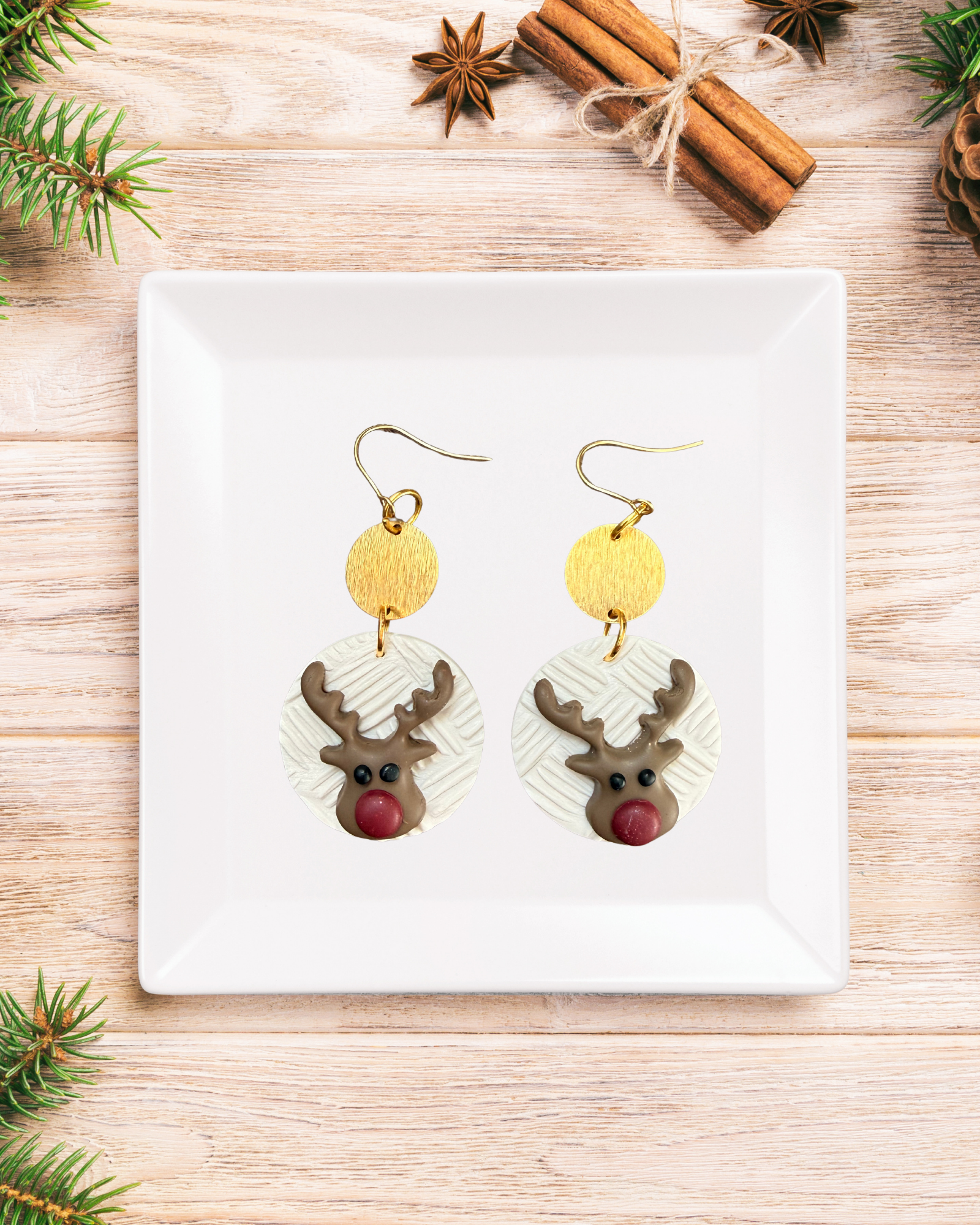 Lightweight handmade clay reindeer Christmas earrings – festive holiday jewelry for women.
