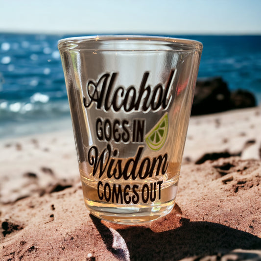 Alcohol goes in Wisdom Comes out shot glass