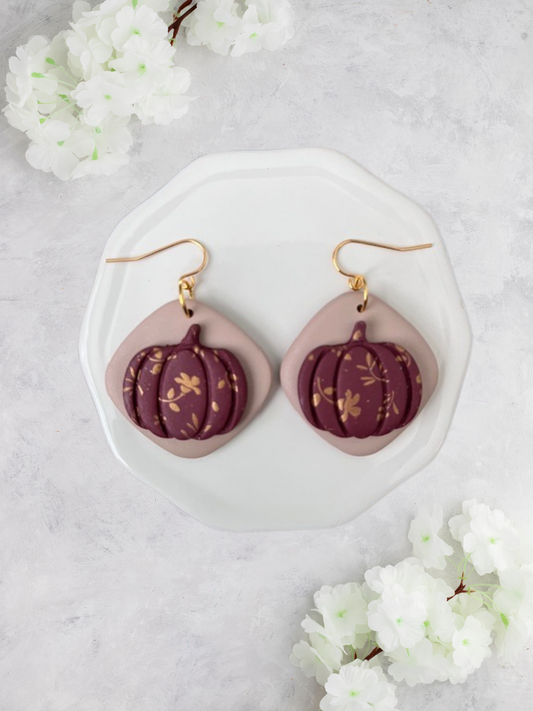 Burgundy Fall Floral Pumpkin Dangles