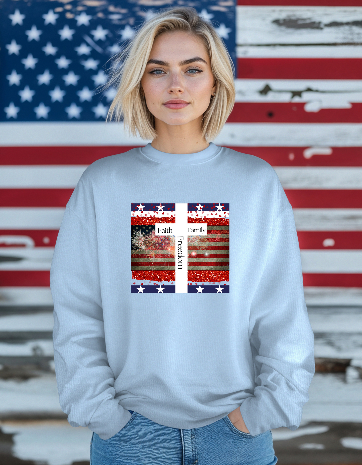 Faith Family & Freedom Patriotic Graphic Crewneck