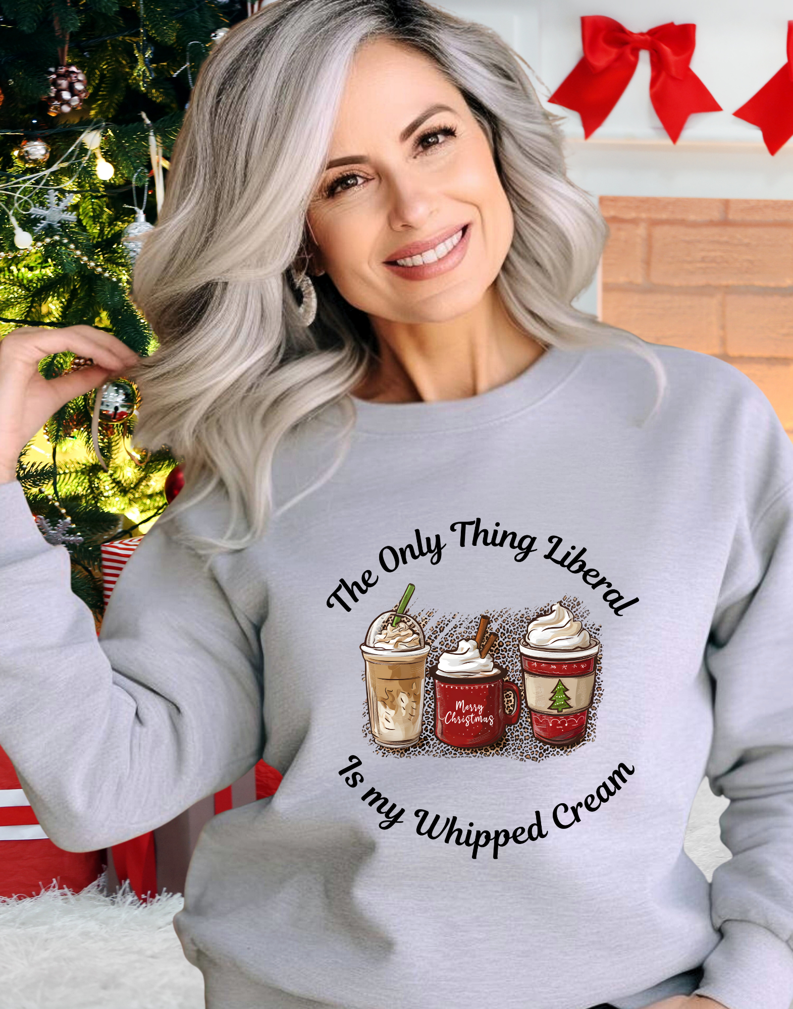 Cute and cozy conservative Christmas sweatshirt for women — “The Only Thing Liberal Is My Whipped Cream” holiday sweater. Perfect for patriotic moms and festive women who love Jesus, coffee, Christmas, and keeping it cozy while standing for their values. Unique funny conservative Christmas shirt, rural mom Christmas outfit idea, comfy graphic holiday sweatshirt for everyday wear.