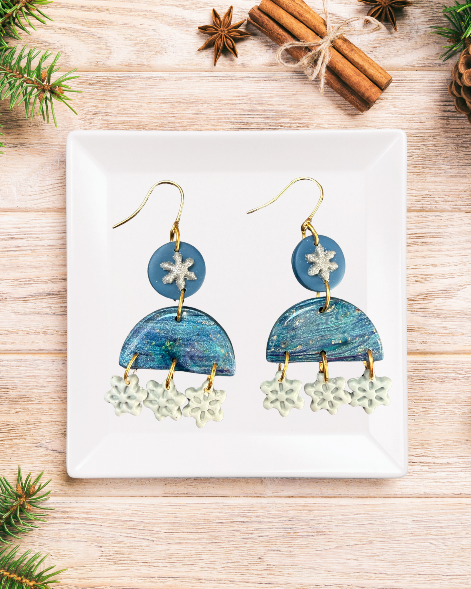 snowflake earrings, lightweight holiday jewelry, Christmas stud earrings, handmade clay earrings, holiday earrings for women